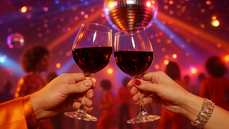 Two people clinking wine glasses in a festive setting with disco lights.