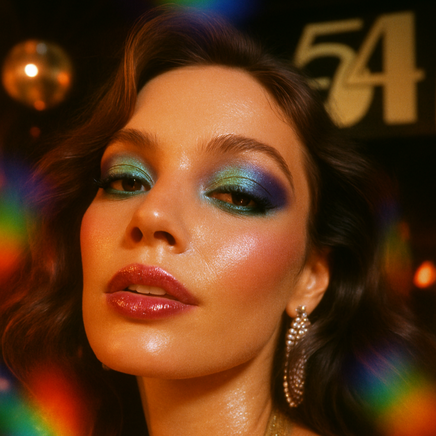 Woman with colorful makeup and a gold dress against a rainbow and '54' background